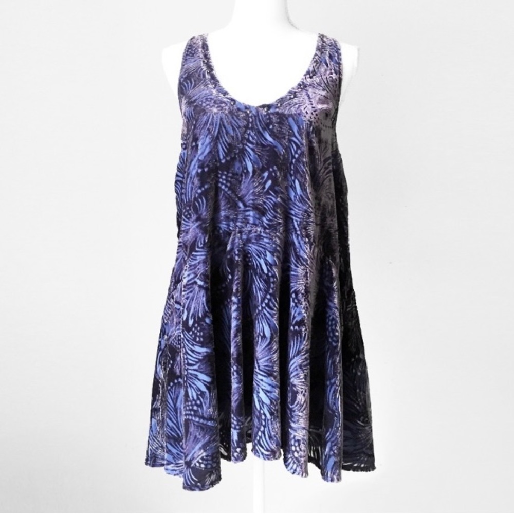 free people fairycore romantic fairy fantasy mini tunic dress blue floral velvet - Picture 1 of 9